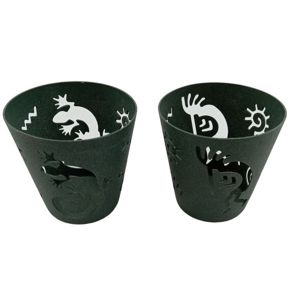 Set Of 2 Metal Votive Candle Holders With Tribal Gecko Kokopelli & Sun Design - Picture 3 of 8